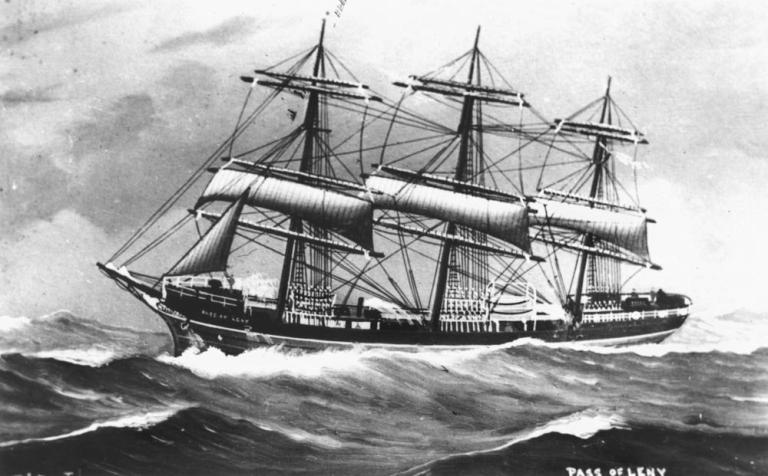 StateLibQld_1_141727_Drawing_of_the_ship_Pass_of_Leny_as_a_three_masted_square_rigged_sailing_ship